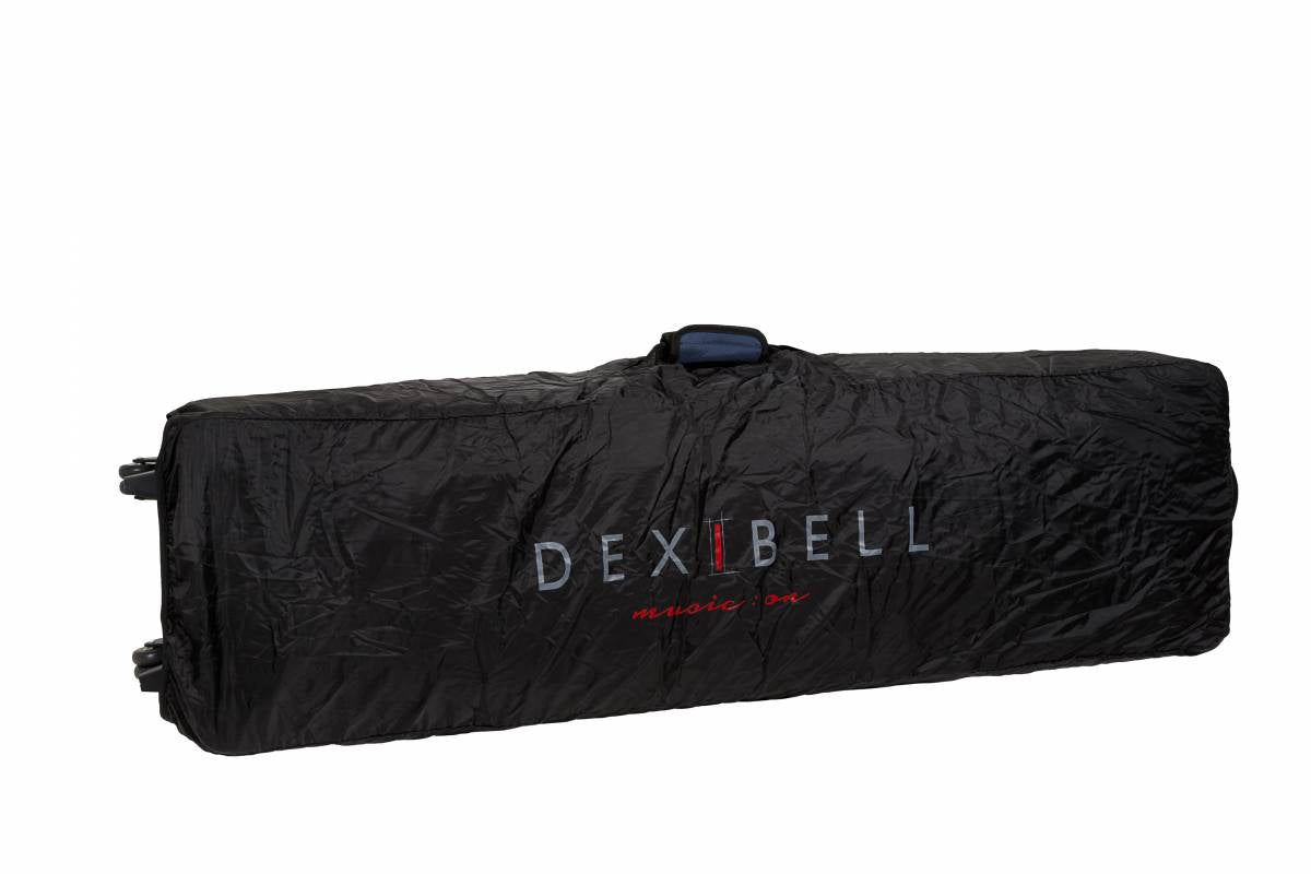 View of Dexibell DX BAGS9S7PRO 88-Key Padded Keyboard Case with Wheels with rain cover on