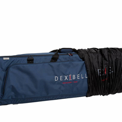 View of Dexibell DX BAG73 PRO 73-Key Padded Keyboard Case with Wheels with rain cover partially on
