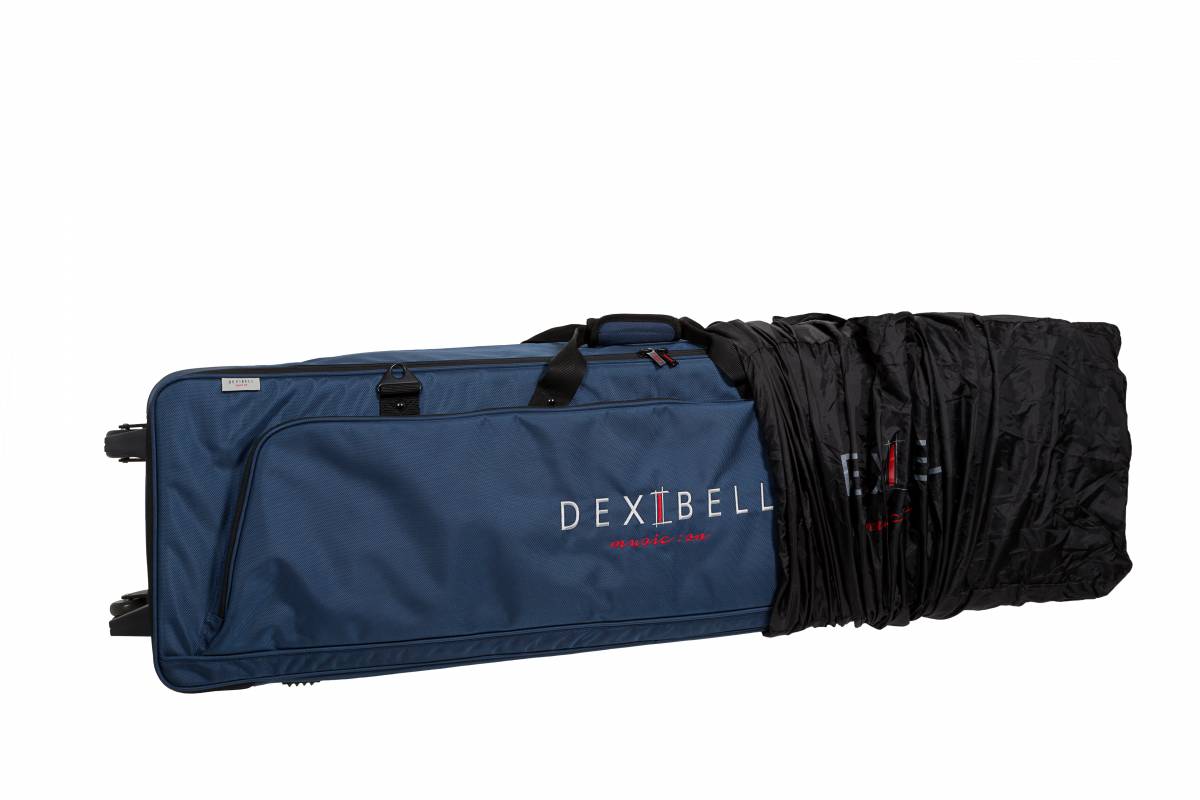 View of Dexibell DX BAG73 PRO 73-Key Padded Keyboard Case with Wheels with rain cover partially on