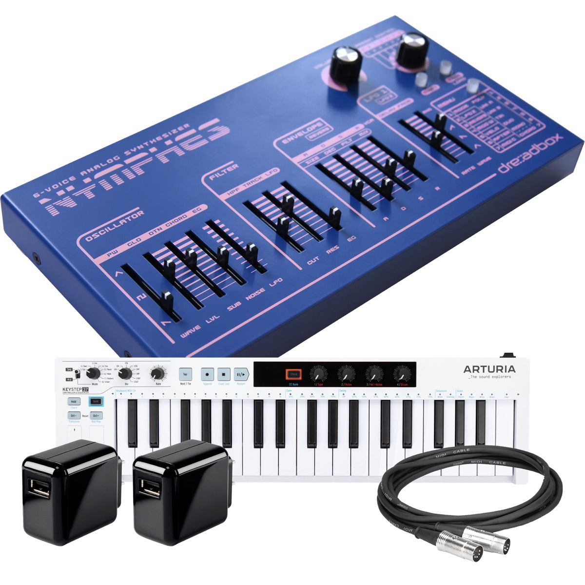 Collage showing components in Dreadbox Nymphes Desktop Polyphonic Analog Synthesizer CONTROLLER RIG
