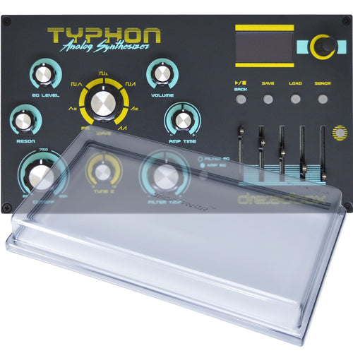 Collage showing components in Dreadbox Typhon Desktop Monophonic Analog Synthesizer DECKSAVER KIT