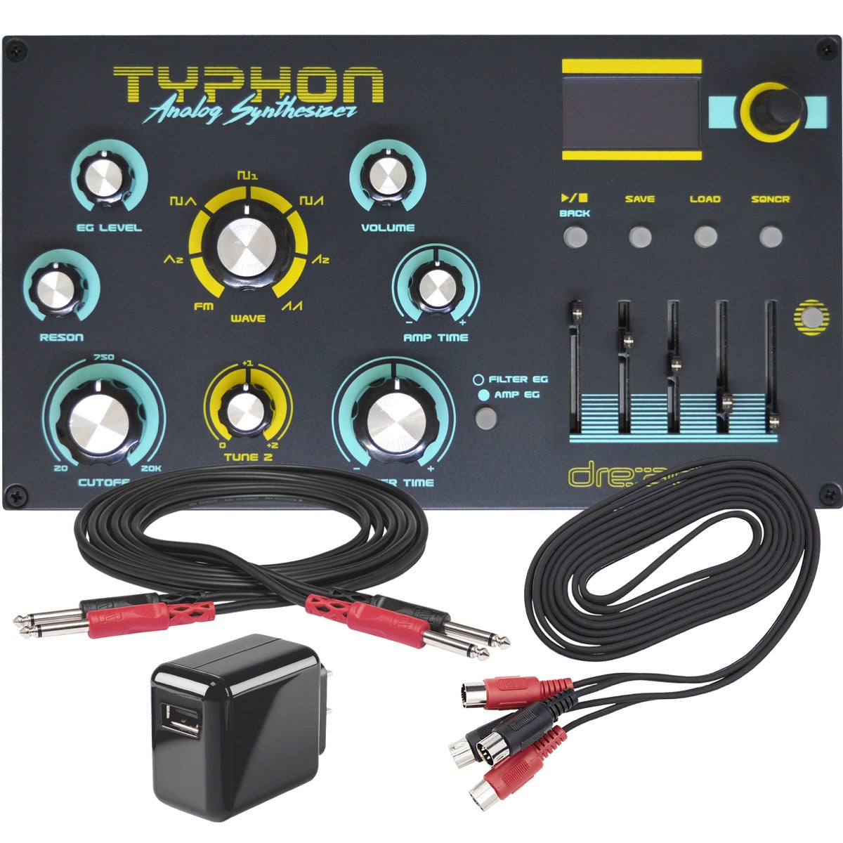 Collage showing components in Dreadbox Typhon Desktop Monophonic Analog Synthesizer POWER & CABLE KIT