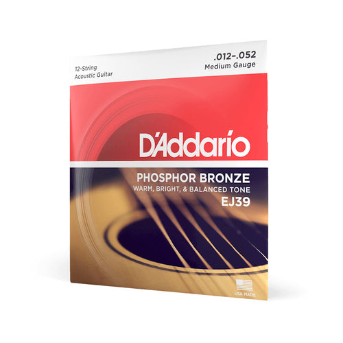 D'Addario EJ39 Phosphor Bronze 12-string Acoustic Guitar Strings, Medium, 12-52