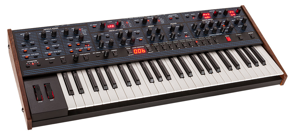 3/4 view of Dave Smith Instruments Sequential OB-6 Analog Synthesizer showing top, front and left side