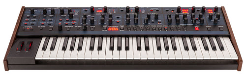 Perspective view of Dave Smith Instruments Sequential OB-6 Analog Synthesizer showing top and front