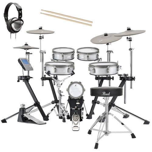 Collage of the components in the EFNOTE 3 Electronic Drum Set - White Sparkle DRUM ESSENTIALS BUNDLE
