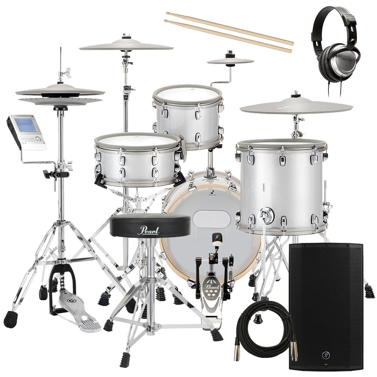 Collage of the components in the EFNOTE 5 Electronic Drum Set - White Sparkle COMPLETE DRUM BUNDLE