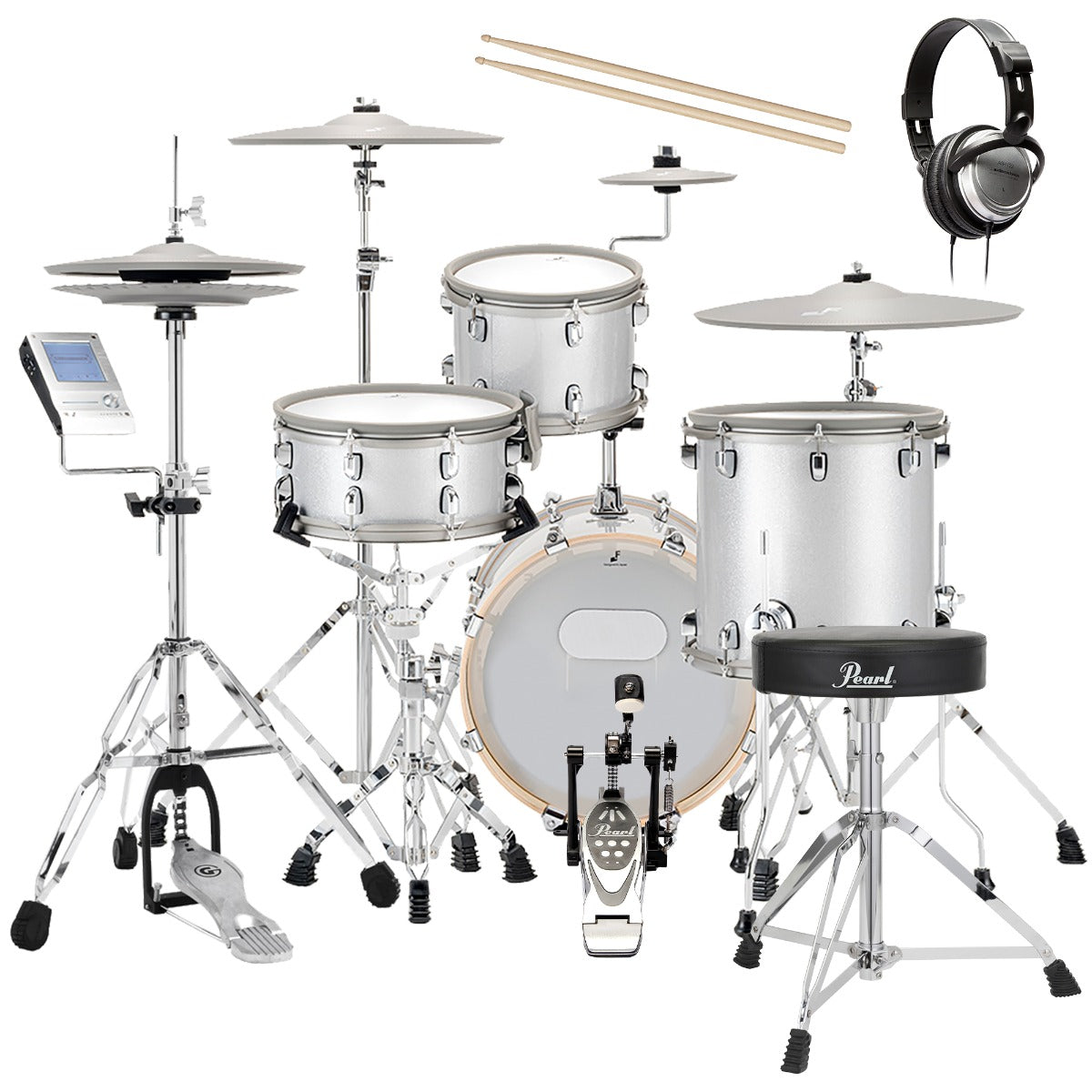 Collage of the components in the EFNOTE 5 Electronic Drum Set - White Sparkle DRUM ESSENTIALS BUNDLE