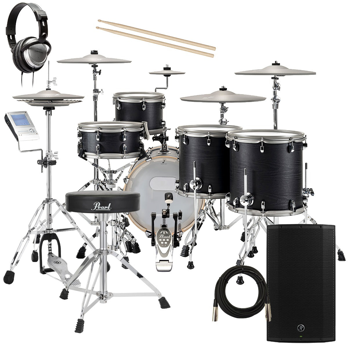Collage of the components in the EFNOTE 5X Electronic Drum Set - Black Oak COMPLETE DRUM BUNDLE