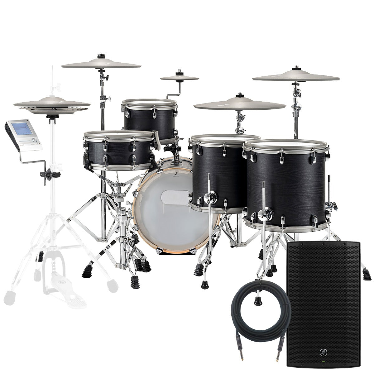 Collage of the components in the EFNOTE 5X Electronic Drum Set - Black Oak MONITOR KIT bundle