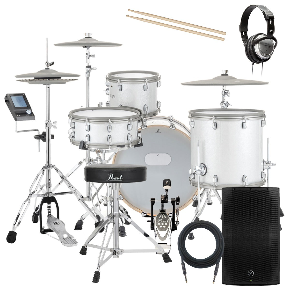 Collage of the components in the EFNOTE 7 Electronic Drum Set - White Sparkle COMPLETE DRUM BUNDLE