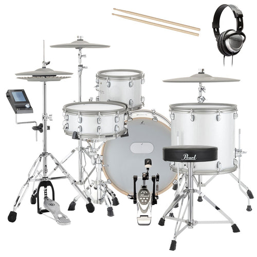 Collage of the components in the EFNOTE 7 Electronic Drum Set - White Sparkle DRUM ESSENTIALS BUNDLE