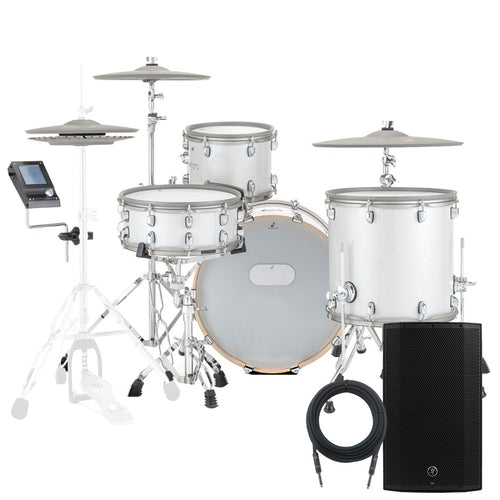 Collage of the components in the EFNOTE 7 Electronic Drum Set - White Sparkle MONITOR KIT bundle