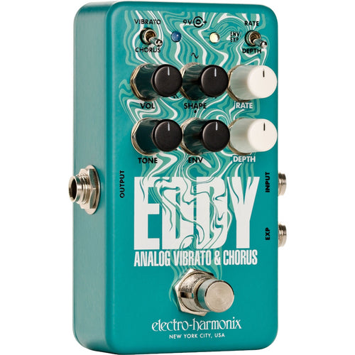 Perspective view of Electro-Harmonix Eddy Analog Vibrato & Chorus Pedal showing top and left side