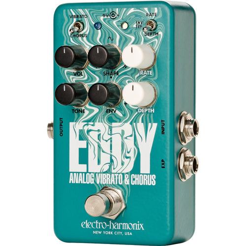 Perspective view of Electro-Harmonix Eddy Analog Vibrato & Chorus Pedal showing top and right side