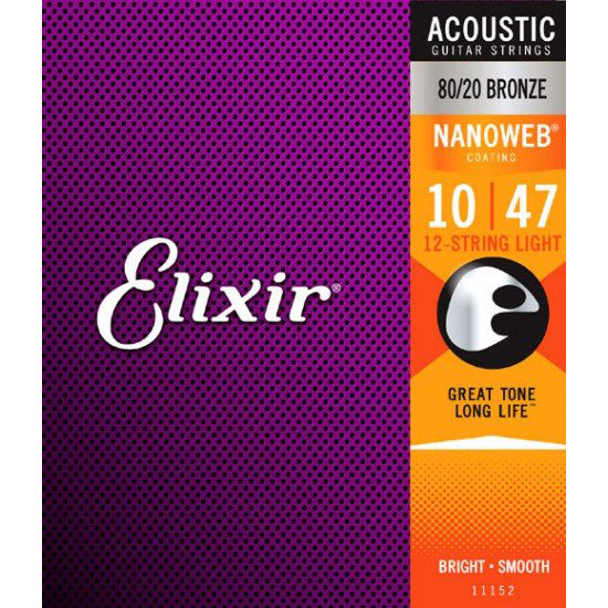Elixir 11152 80/20 Bronze Nanoweb Coating Acoustic 12-String Guitar - Light - 10-47