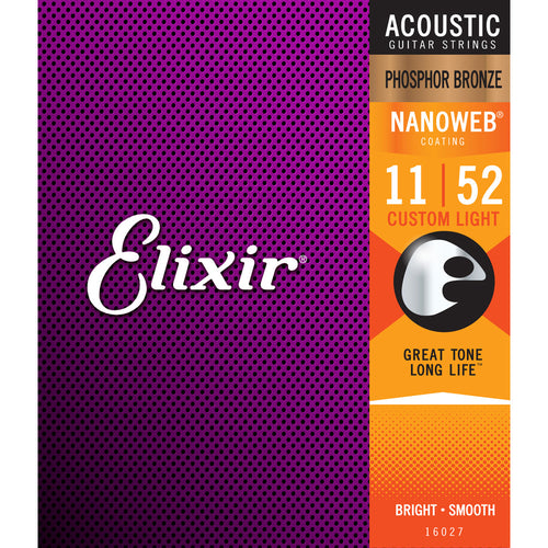 Elixir 16027 Phosphor Bronze Nanoweb Coating Acoustic Guitar Strings - Light - 11-52