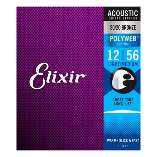 Elixir 11075 80/20 Bronze Polyweb Coating Acoustic Guitar Strings - Lite Medium - 12-56
