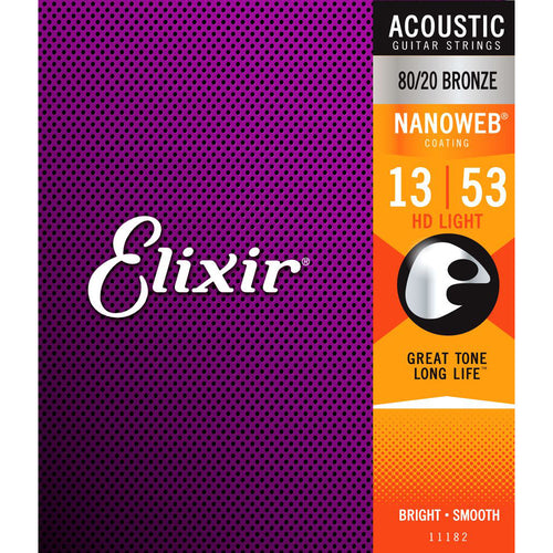 Elixir 11182 80/20 Bronze Nanoweb Coating Acoustic Guitar Strings - HD Light - 13-53