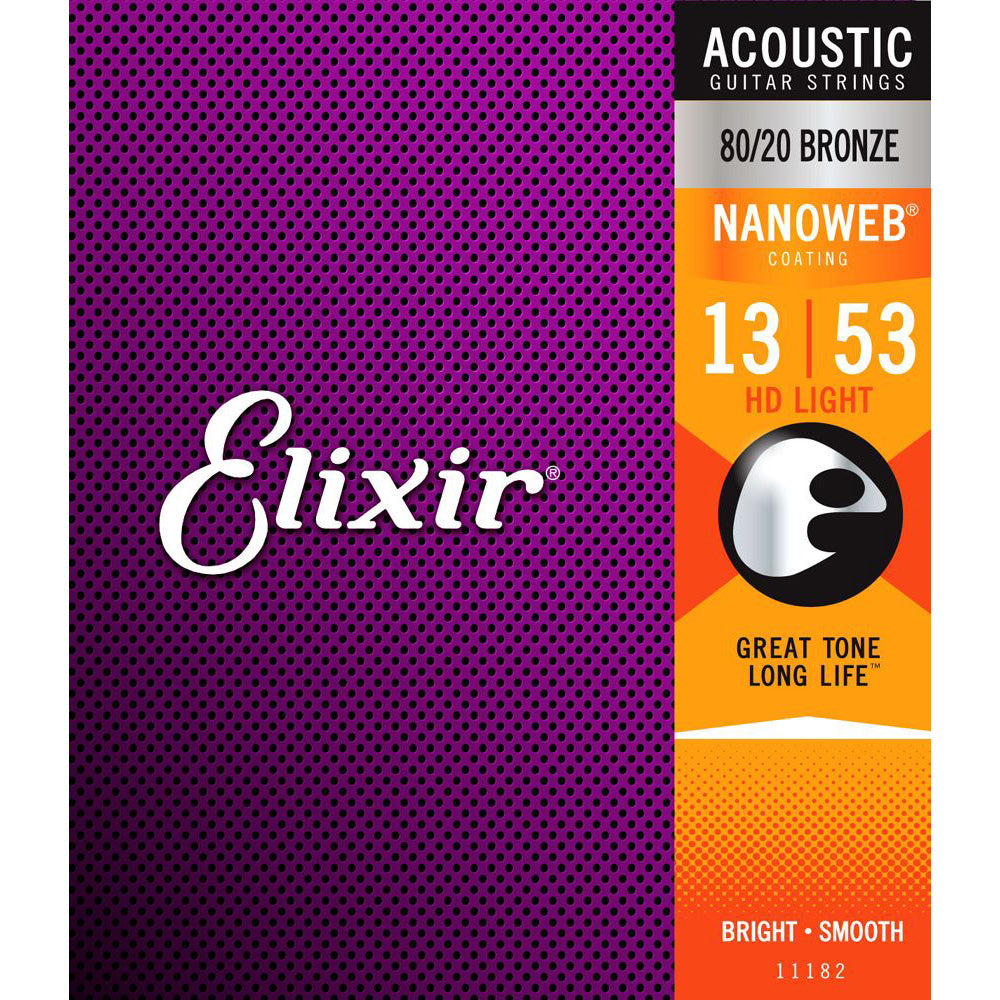 Elixir 11182 80/20 Bronze Nanoweb Coating Acoustic Guitar Strings - HD Light - 13-53