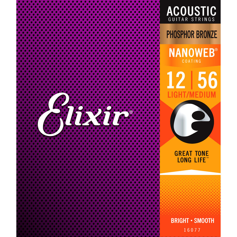 Elixir 16077 Phosphor Bronze Nanoweb Coating Acoustic Guitar Strings - Light Medium - 12-56