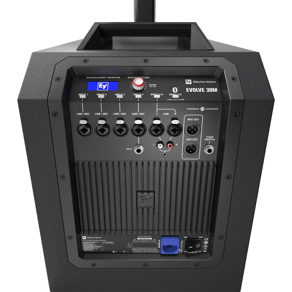 Perspective view of Electro-Voice Evolve 30M subwoofer showing rear and top
