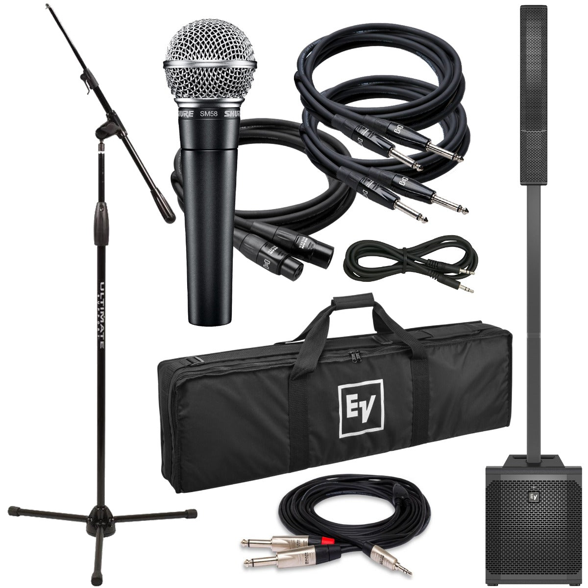 Collage of the components in the Electro-Voice Evolve 30M Portable Column System - Black PERFORMER PAK bundle