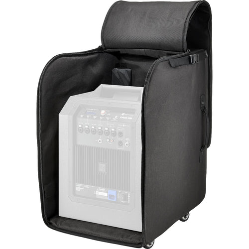 3/4 view of Electro-Voice Evolve 30M Rolling Case showing front, right side and top with zippered flap open showing 'ghosted' rear view of enclosed Evolve 30M subwoofer (sold separately) for reference