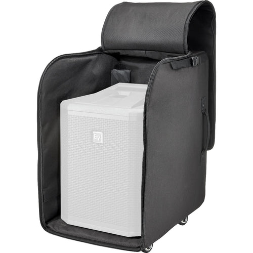3/4 view of Electro-Voice Evolve 30M Rolling Case showing front, right side and top with zippered flap open showing 'ghosted' front view of enclosed Evolve 30M subwoofer (sold separately) for reference