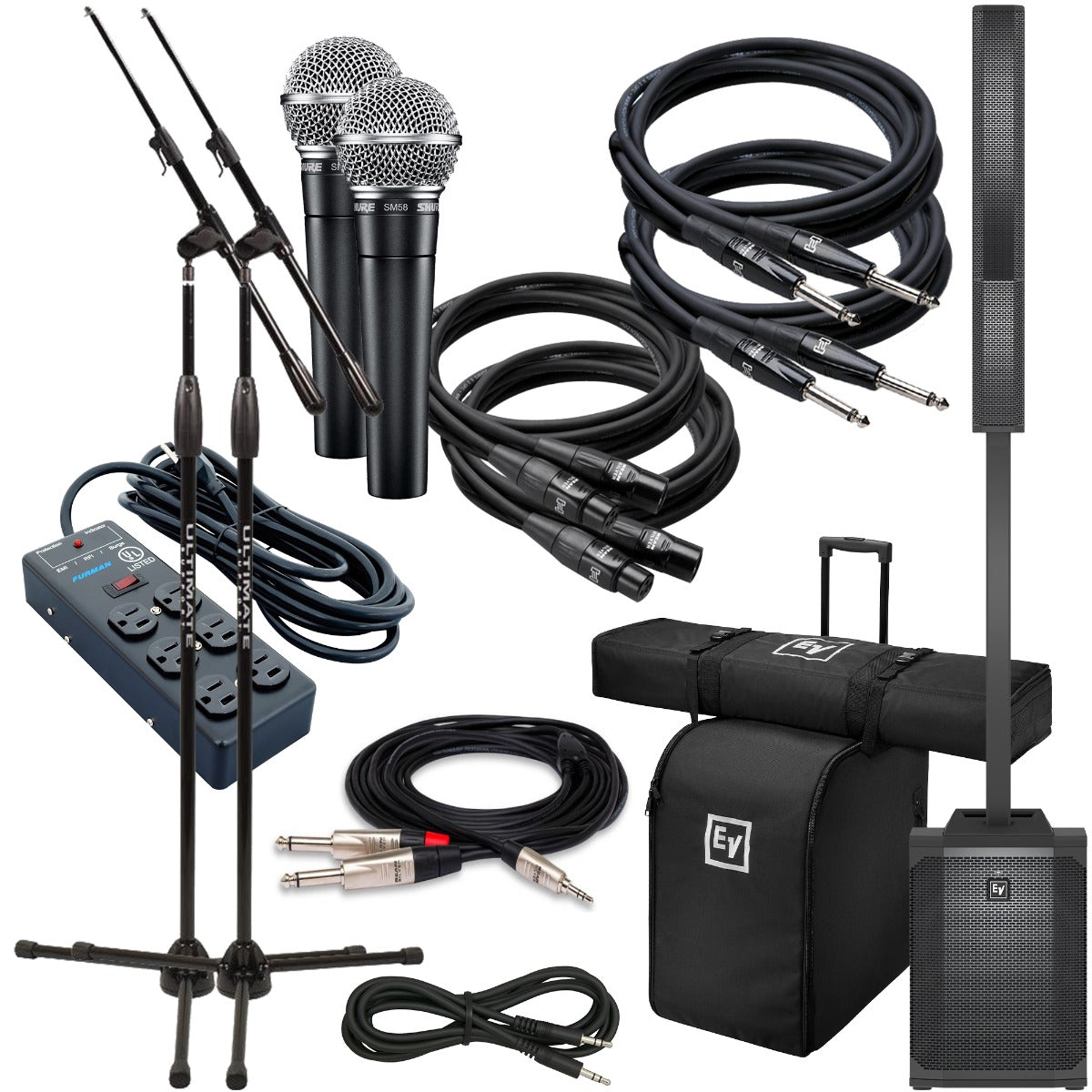 Collage of the components in the Electro-Voice Evolve 50M Portable Column System - Black STAGE RIG bundle