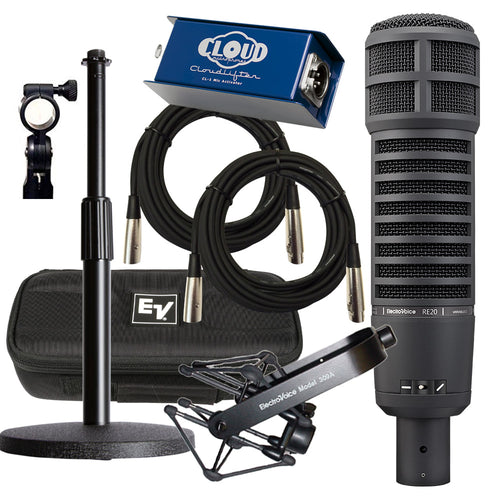 Collage of items in the Electro-Voice RE20 Large-Diaphragm Dynamic Microphone - Black CLOUDLIFTER BUNDLE