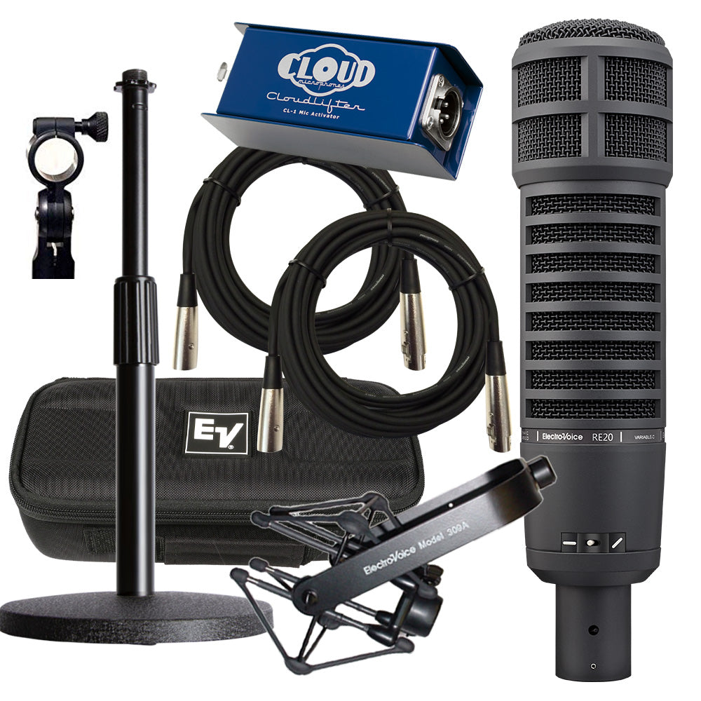 Collage of items in the Electro-Voice RE20 Large-Diaphragm Dynamic Microphone - Black CLOUDLIFTER BUNDLE