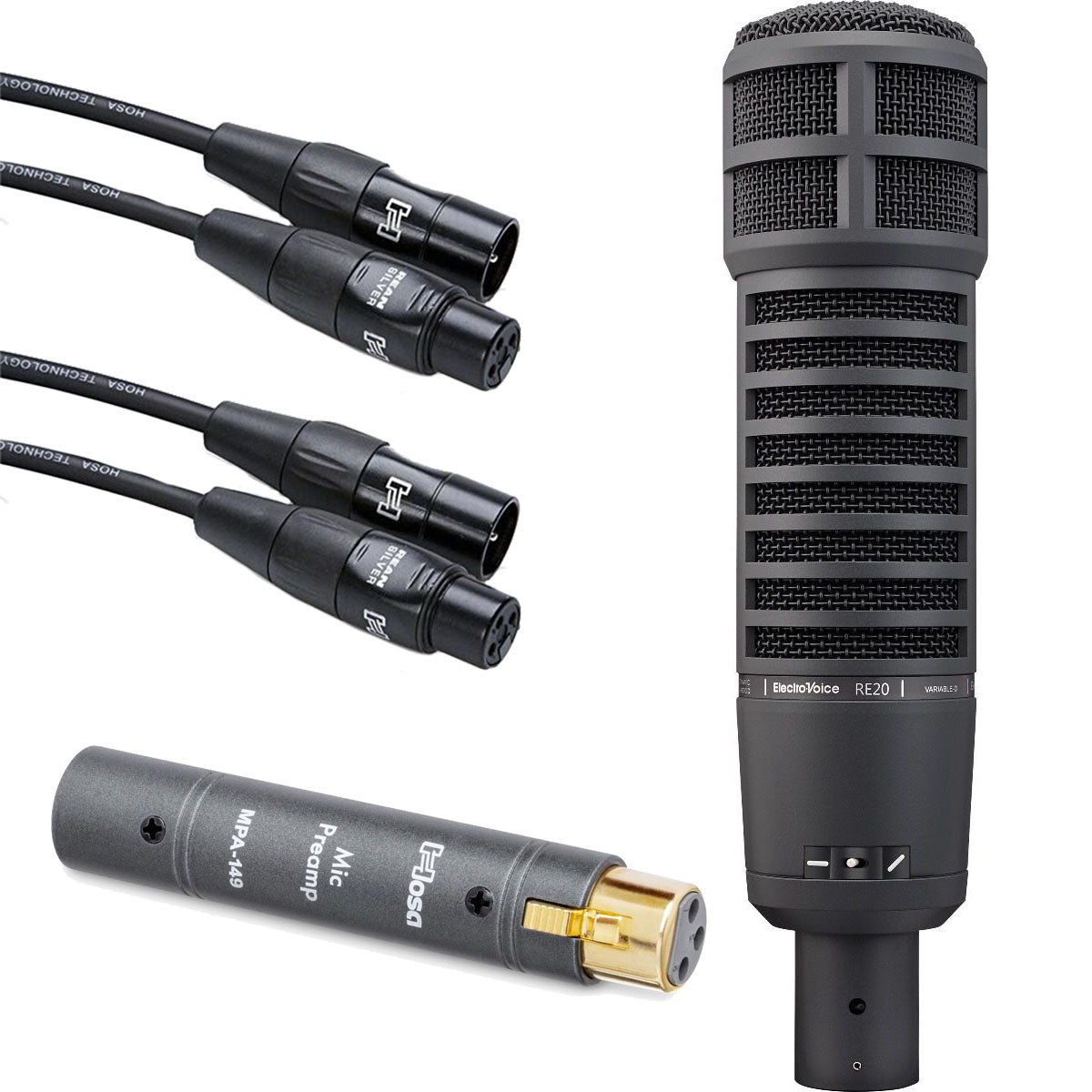 Collage image of the Electro-Voice RE20 Large-Diaphragm Dynamic Microphone - Black PREAMP PAK