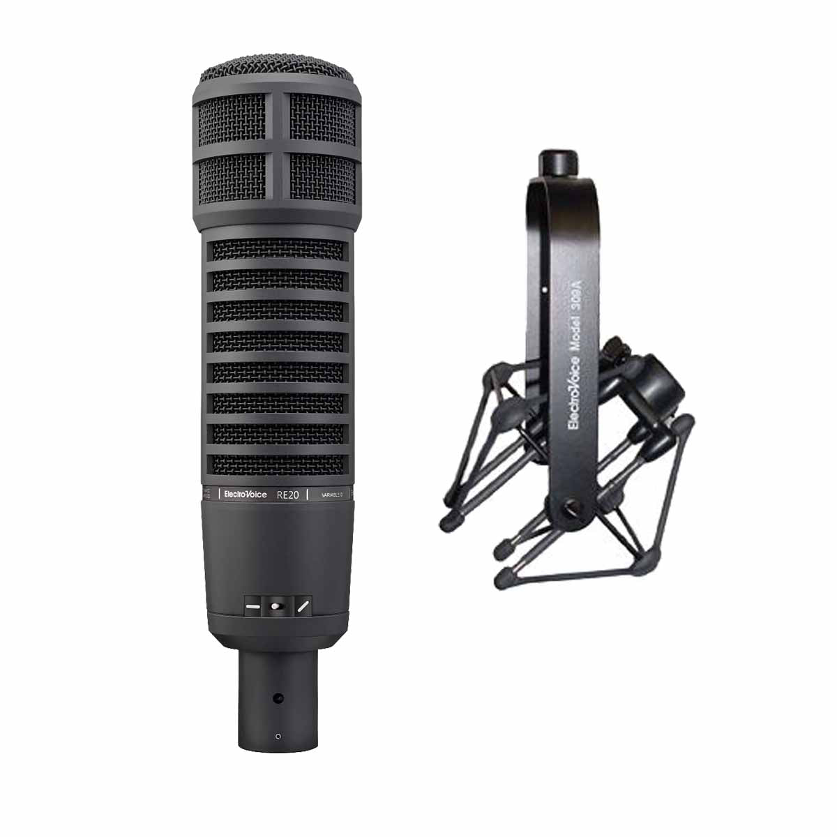 Collage image of the Electro-Voice RE20 Large-Diaphragm Dynamic Microphone - Black STUDIO PAK bundle