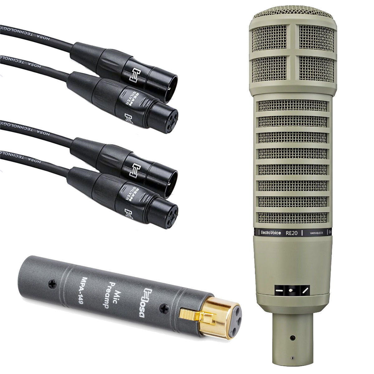 Collage image of the Electro-Voice RE20 Large-Diaphragm Dynamic Microphone PREAMP PAK