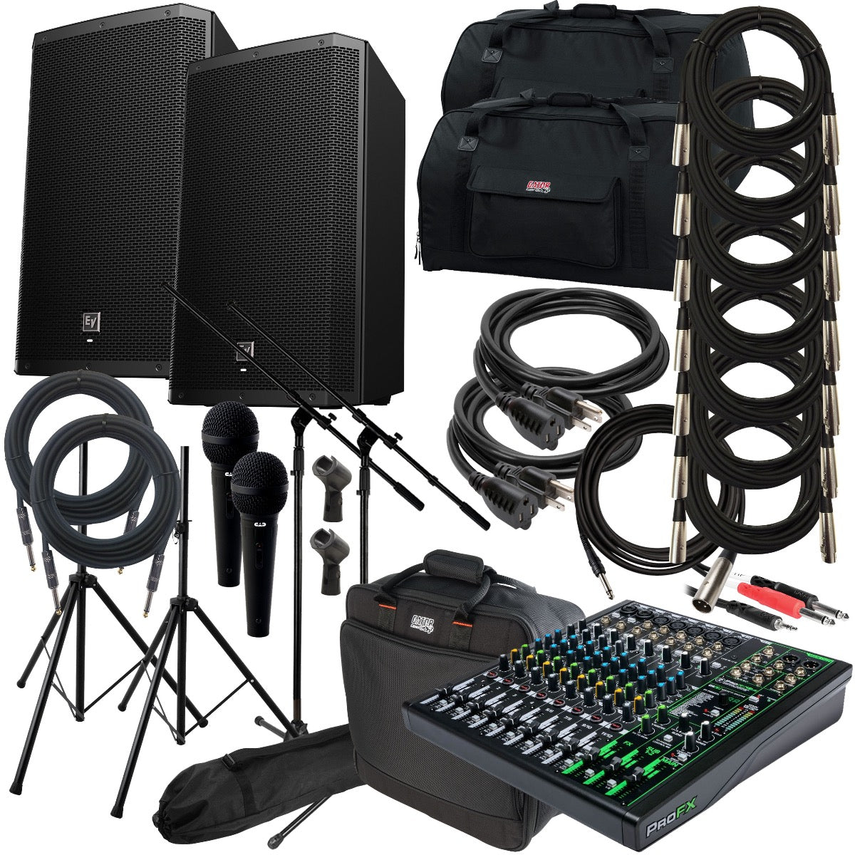 Collage of the Electro-Voice ZLX-15BT 15" Powered Loudspeaker COMPLETE AUDIO BUNDLE showing included components