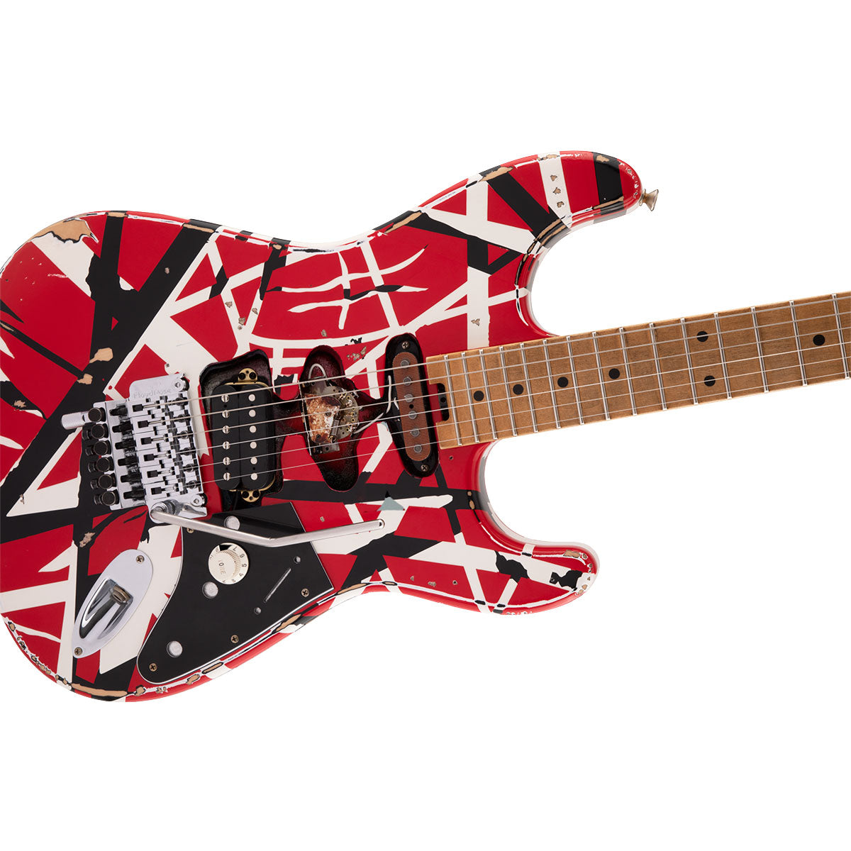 Close-up top view of EVH Striped Series Frankenstein Frankie Electric Guitar showing body and portion of fretboard