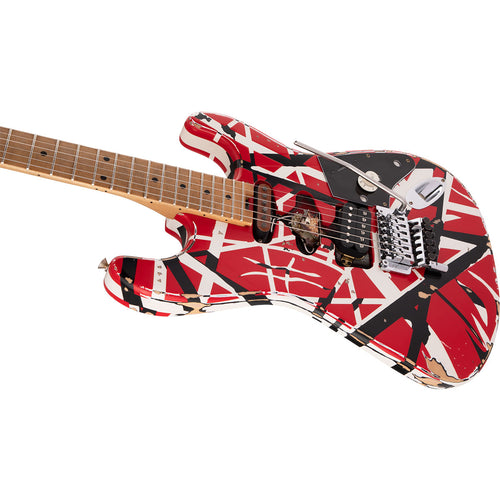 Close-up perspective view of EVH Striped Series Frankenstein Frankie Electric Guitar showing top and left side of body and portion of fretboard