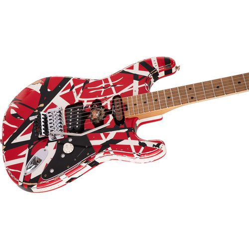 Close-up perspective view of EVH Striped Series Frankenstein Frankie Electric Guitar showing top and right side of body and portion of fretboard