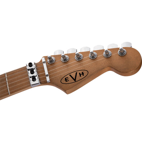 Detail view of EVH Striped Series Frankenstein Frankie Electric Guitar showing top of headstock and portion of fretboard