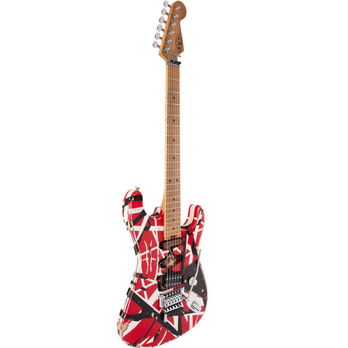 Perspective view of EVH Striped Series Frankenstein Frankie Electric Guitar showing top and left side