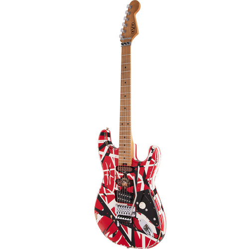Perspective view of EVH Striped Series Frankenstein Frankie Electric Guitar showing top and right side
