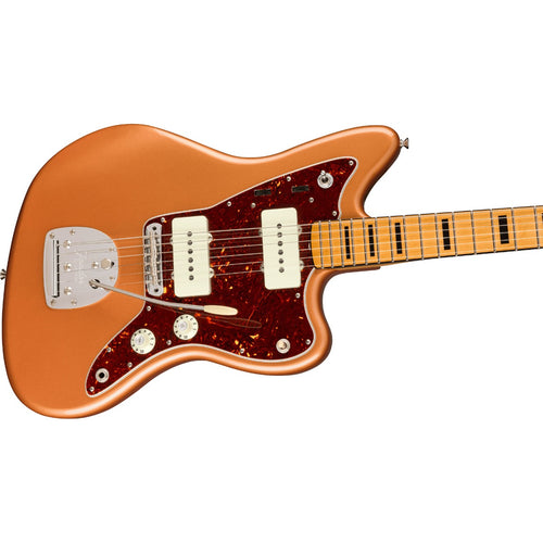 Close-up view of Fender Troy Van Leeuwen Jazzmaster - Maple, Copper Age showing top of body and portion of fingerboard