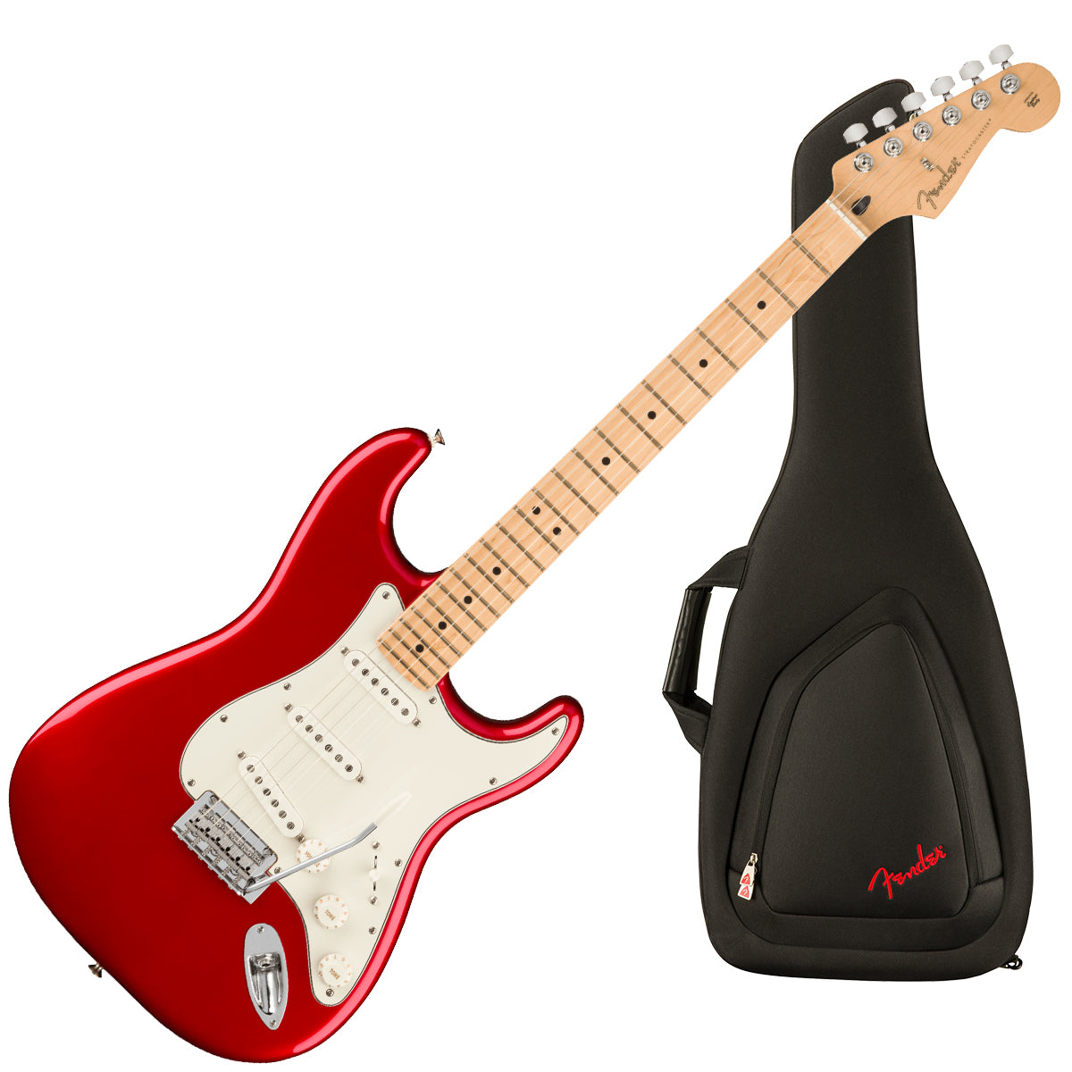 Collage image of the Fender Player Stratocaster with Maple Fingerboard - Candy Apple Red W/ GIG BAG