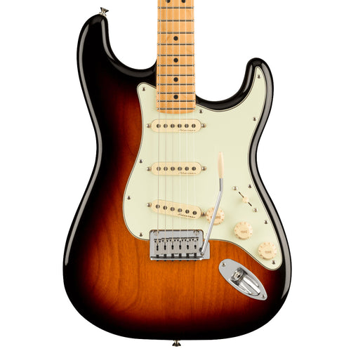 Close-up top view of Fender Player Plus Stratocaster - Maple, 3-Color Sunburst showing body and portion of fretboard