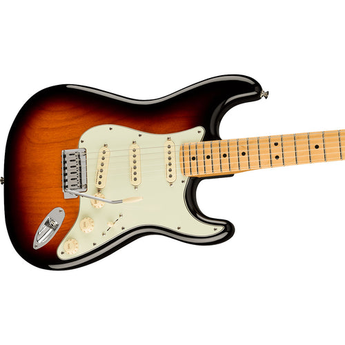 Close-up perspective view of Fender Player Plus Stratocaster - Maple, 3-Color Sunburst showing top and right side of body and portion of fretboard