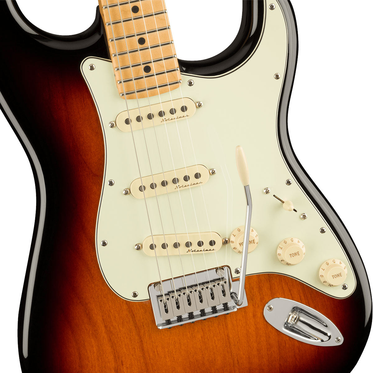 Detail top view of Fender Player Plus Stratocaster - Maple, 3-Color Sunburst showing body
