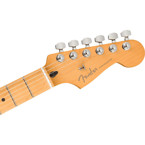 Detail view of Fender Player Plus Stratocaster - Maple, 3-Color Sunburst showing top of headstock and portion of fretboard