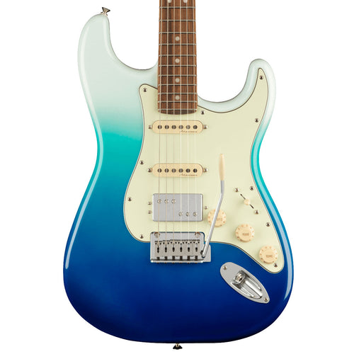 Close-up top view of Fender Player Plus Stratocaster HSS - Pau Ferro, Belair Blue showing body and portion of fretboard