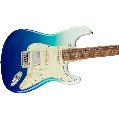 Close-up perspective view of Fender Player Plus Stratocaster HSS - Pau Ferro, Belair Blue showing top and right side of body and portion of fretboard